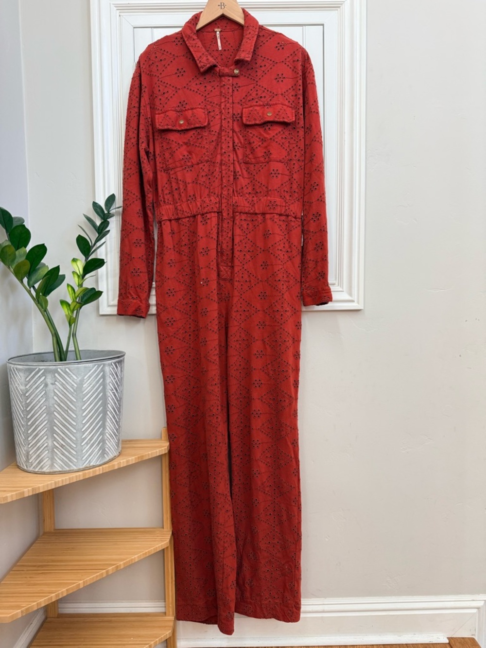 Free People Set The Tone Jumpsuit - Rust Orange Eyelet Long Sleeve - Size 6 - Picture 3 of 5
